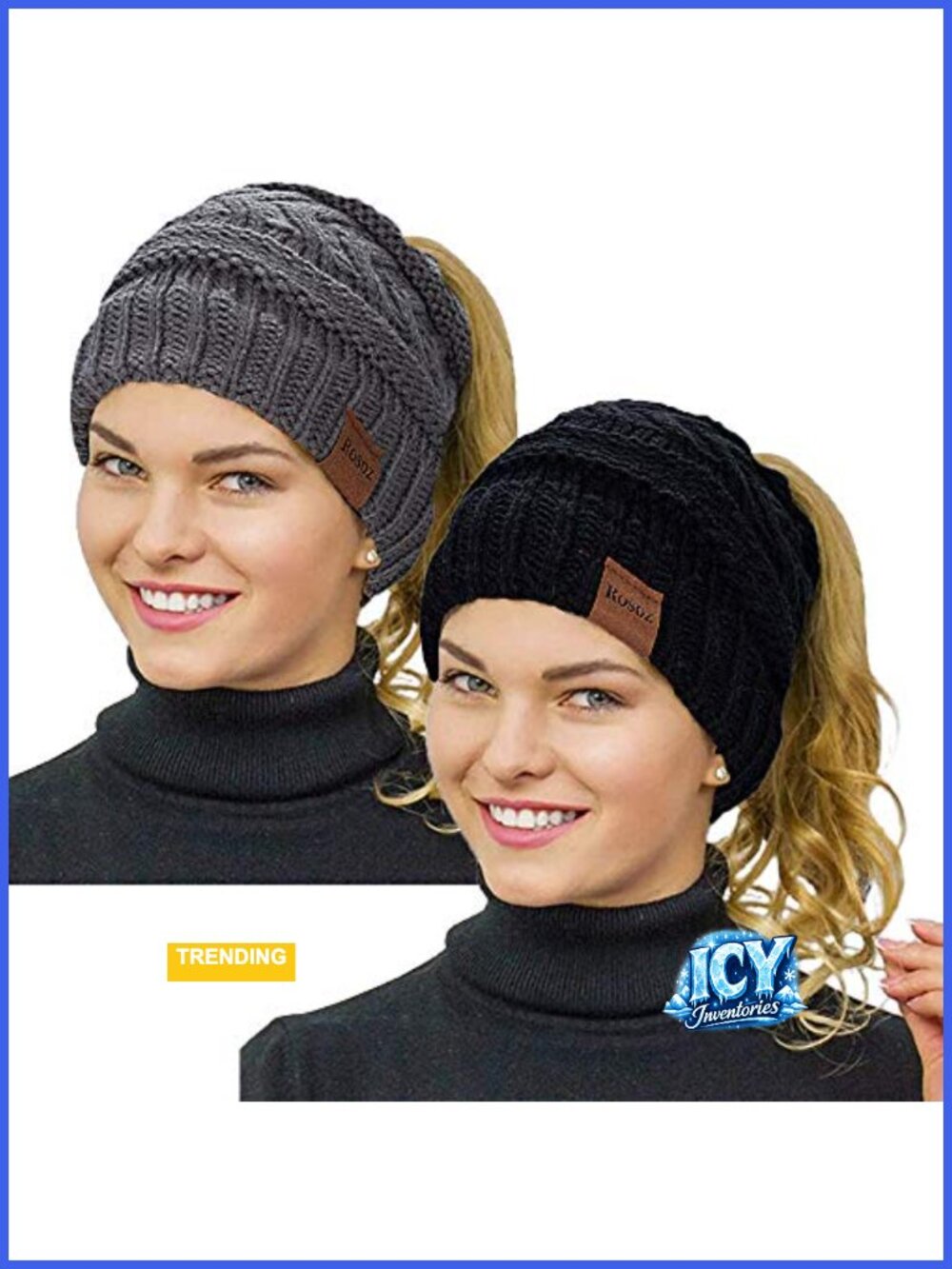 2 Pack Ponytail Beanie Cable Knit Messy Bun Winter Hat Soft Stretch